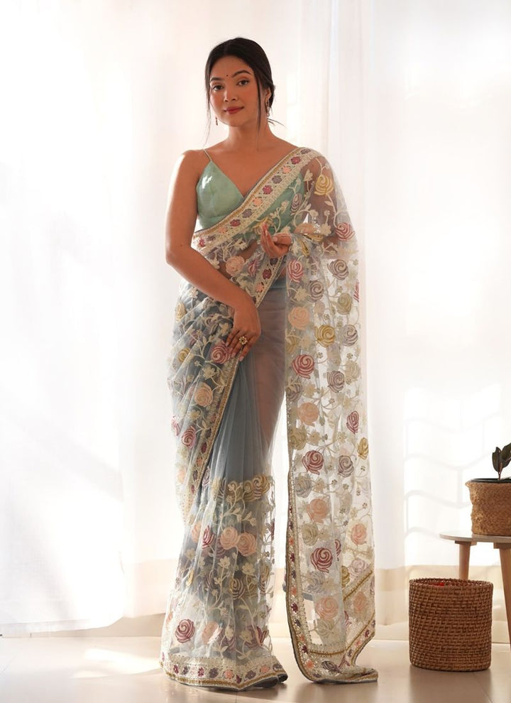 Lassya Fashion Grey Multi-Colored Aari Embroidered Partywear Saree with Stone Work