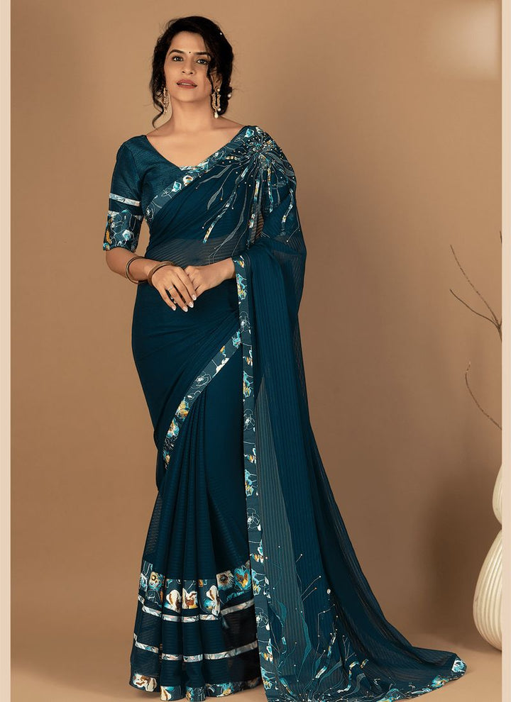 Lassya Fashion Teal Green Exquisite Designer Saree with Dyed And Digital Combination