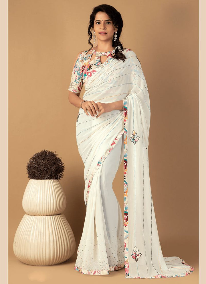 Lassya Fashion Cream Exquisite Designer Saree with Dyed And Digital Combination