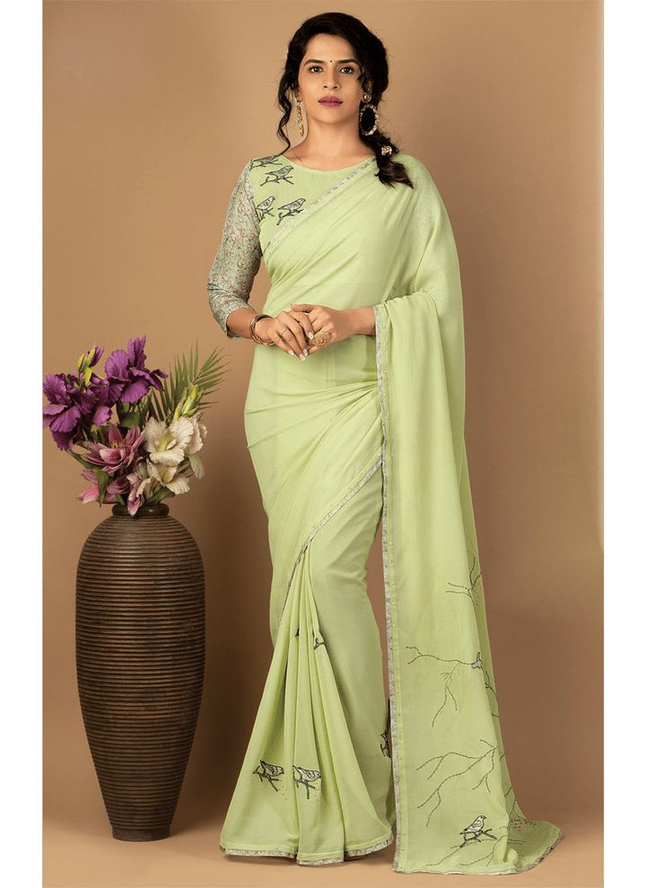 Lassya Fashion Pista green Exquisite Designer Saree with Dyed And Digital Combination