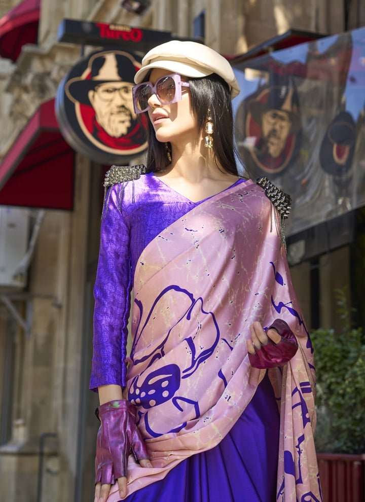 Lassya Fashion Pink and Violet Designer Satin Crepe Printed Saree