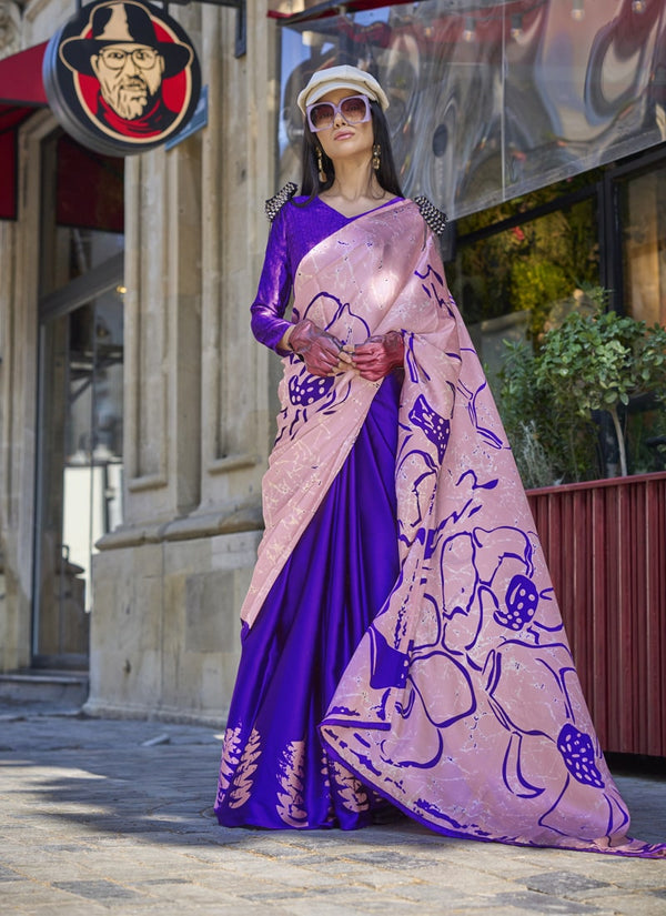 Lassya Fashion Pink and Violet Designer Satin Crepe Printed Saree