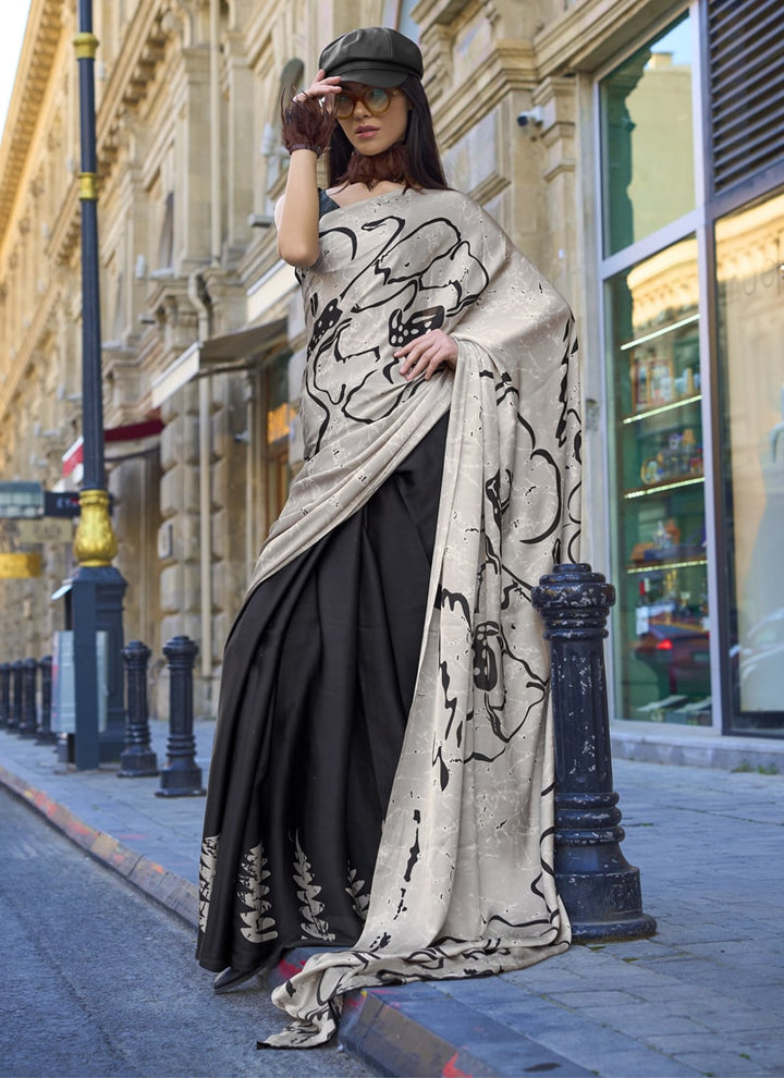 Lassya Fashion Grey And Black Designer Satin Crepe Printed Saree