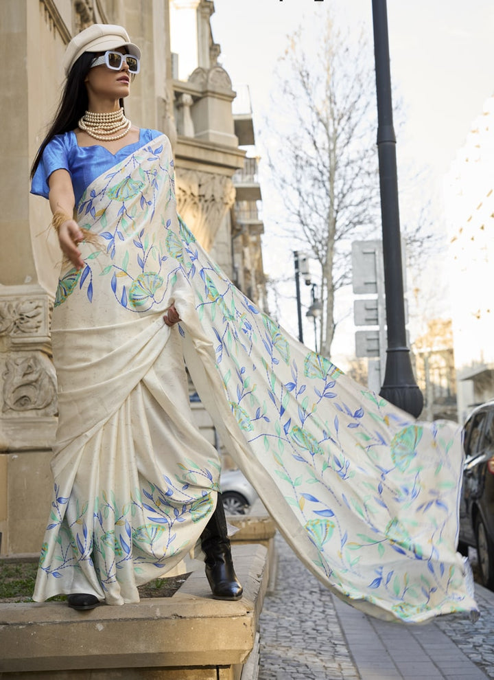 Lassya Fashion Cream Designer Satin Crepe Printed Saree