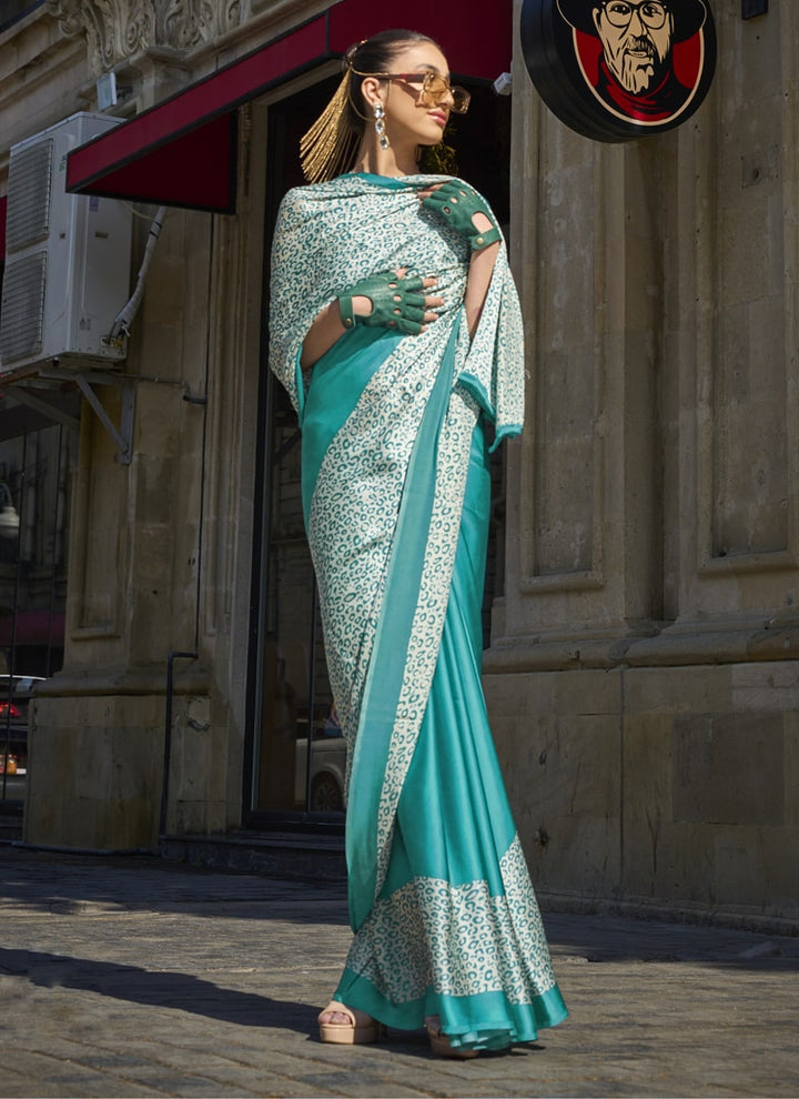 Lassya Fashion Teal Blue Designer Satin Crepe Printed Saree