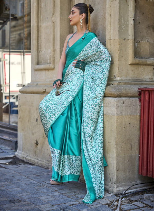 Lassya Fashion Teal Blue Designer Satin Crepe Printed Saree