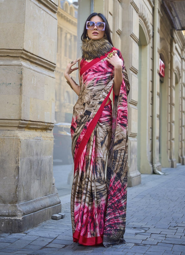 Lassya Fashion Crimson Red Designer Satin Crepe Printed Saree