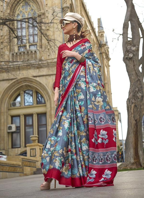 Lassya Fashion Dark Grey And Red Designer Satin Crepe Printed Saree