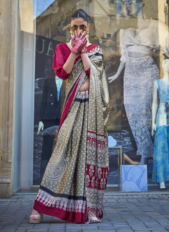 Lassya Fashion Crimson Red And Beige Designer Satin Crepe Printed Saree