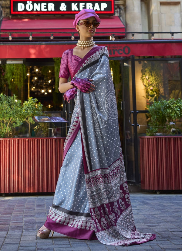 Lassya Fashion Cool Grey Designer Satin Crepe Printed Saree