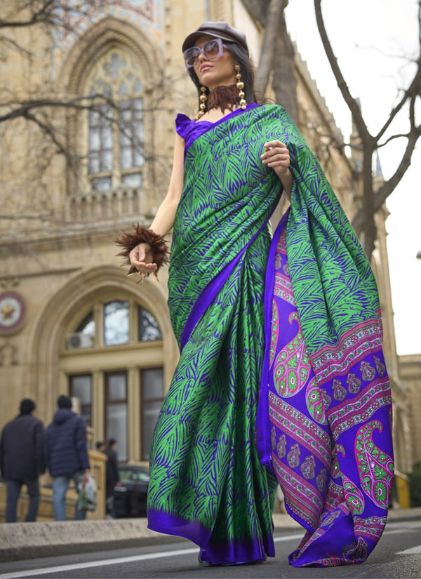 Lassya Fashion Rama Green Designer Satin Crepe Printed Saree