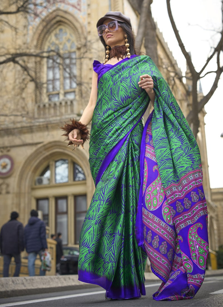 Lassya Fashion Rama Green Designer Satin Crepe Printed Saree