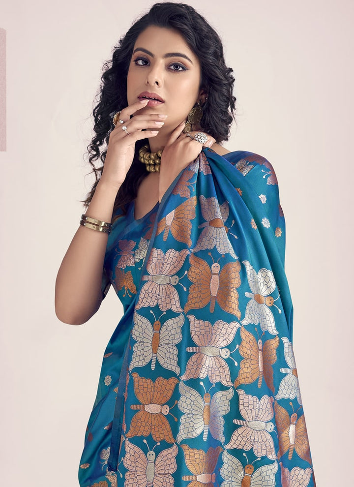 Lassya Fashion Teal Blue Exquisite Banarasi Soft Silk Saree with Silk Blouse