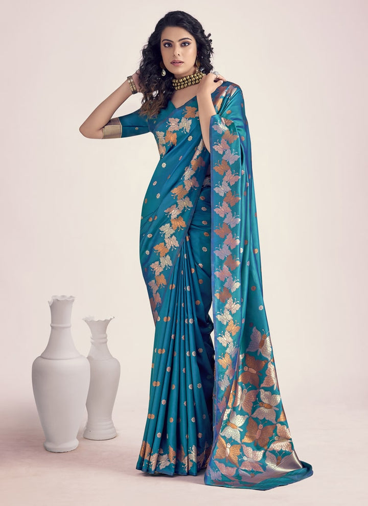 Lassya Fashion Teal Blue Exquisite Banarasi Soft Silk Saree with Silk Blouse