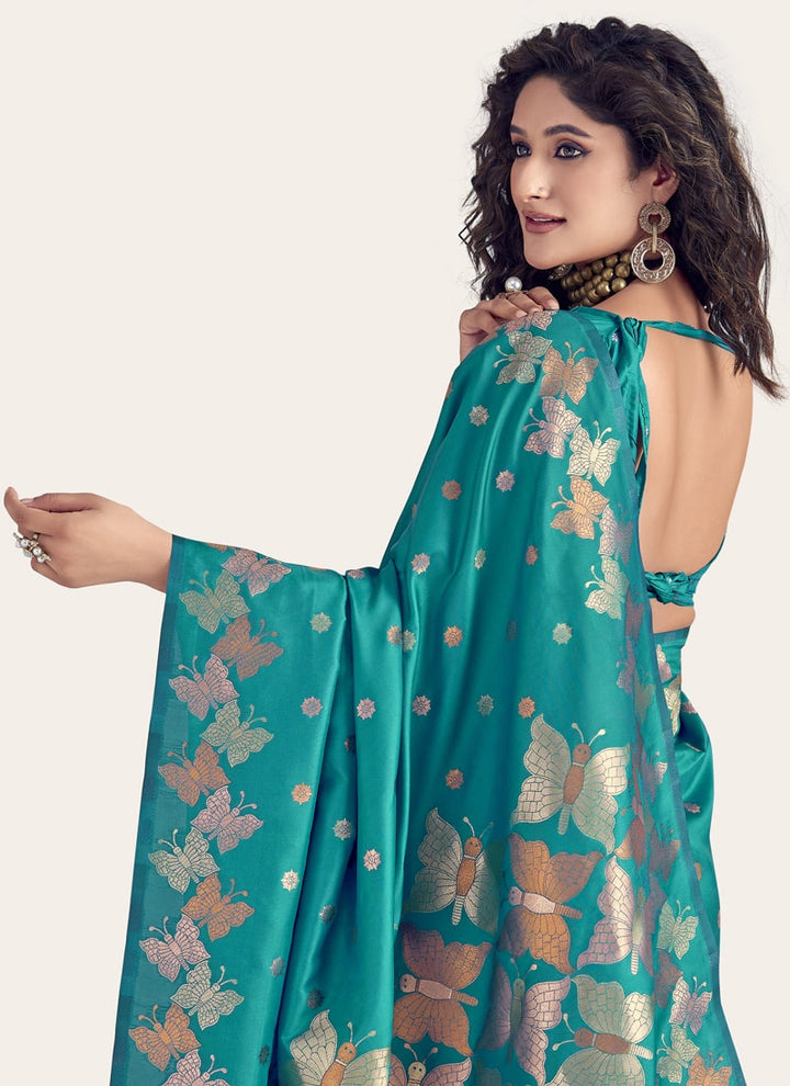 Lassya Fashion Teal Green Exquisite Banarasi Soft Silk Saree with Silk Blouse