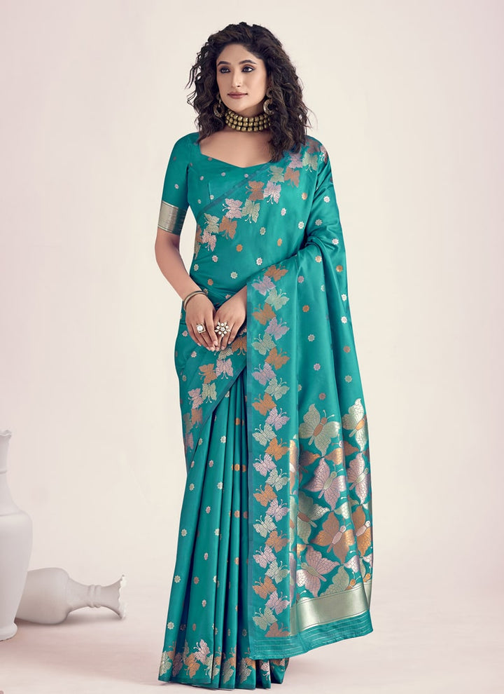 Lassya Fashion Teal Green Exquisite Banarasi Soft Silk Saree with Silk Blouse