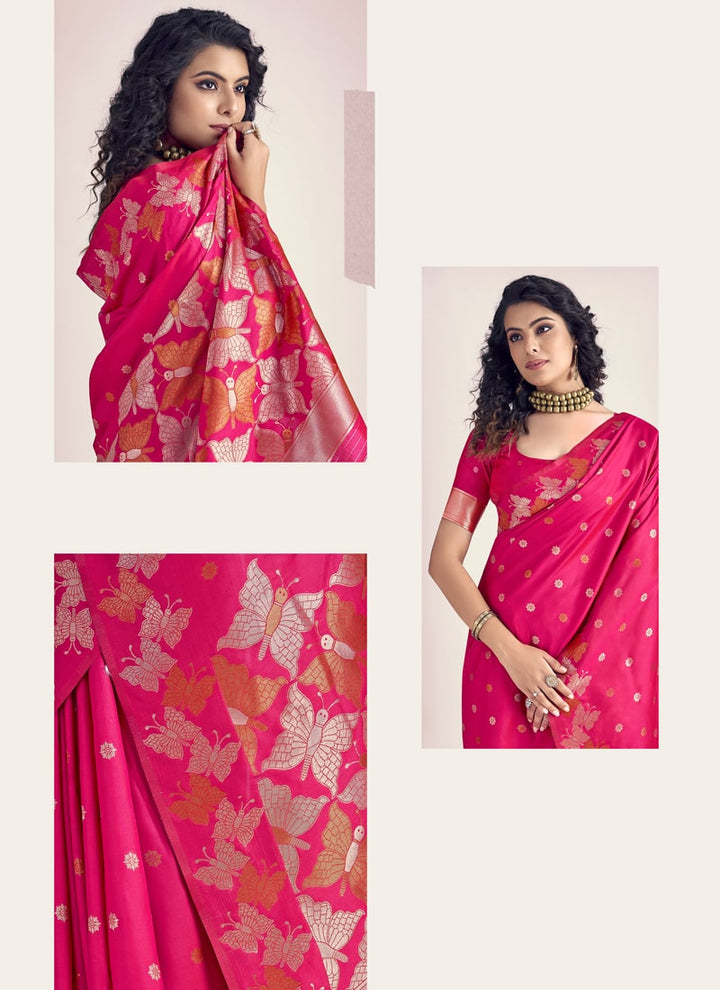 Lassya Fashion Ruby Pink Exquisite Banarasi Soft Silk Saree with Silk Blouse