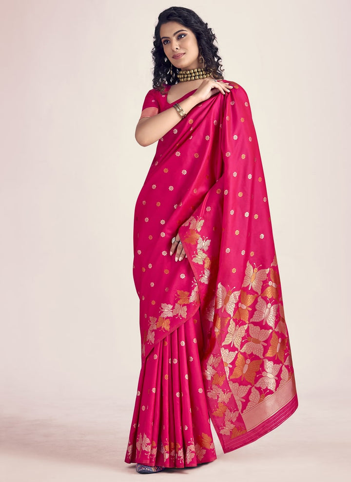 Lassya Fashion Ruby Pink Exquisite Banarasi Soft Silk Saree with Silk Blouse