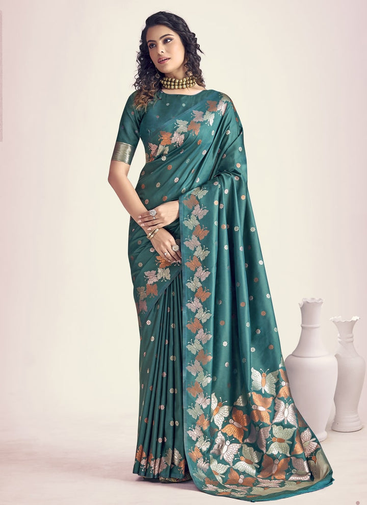 Lassya Fashion Pine Green Exquisite Banarasi Soft Silk Saree with Silk Blouse