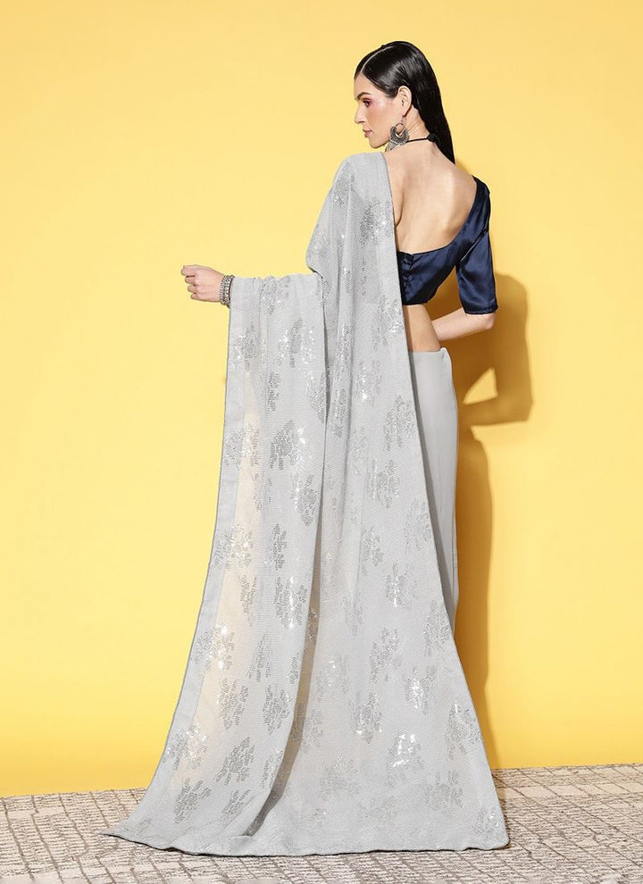 Lassya Fashion Grey Shimmering Georgette Saree with Matching Blouse