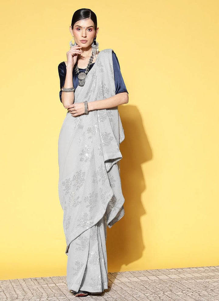 Lassya Fashion Grey Shimmering Georgette Saree with Matching Blouse