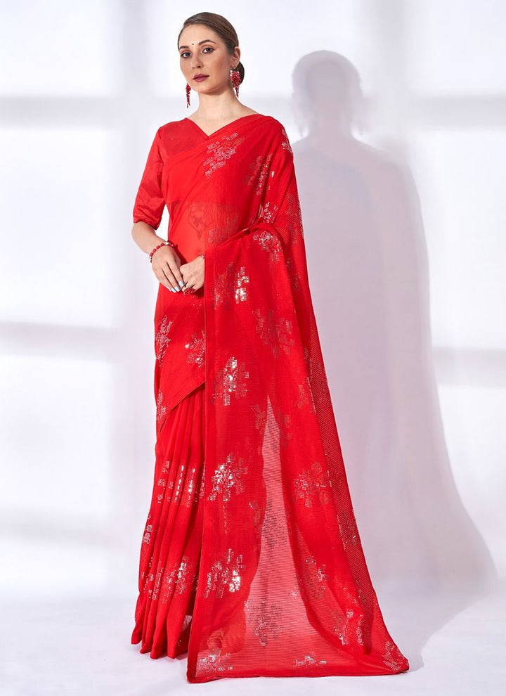 Lassya Fashion Red Shimmering Georgette Saree with Matching Blouse