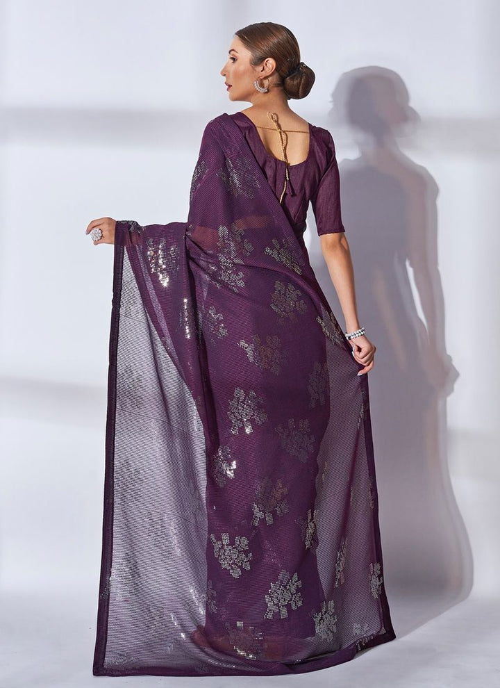 Lassya Fashion Wine Shimmering Georgette Saree with Matching Blouse