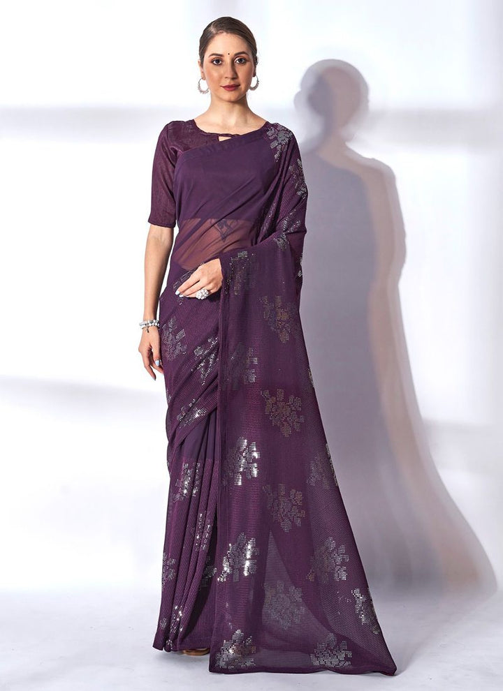 Lassya Fashion Wine Shimmering Georgette Saree with Matching Blouse