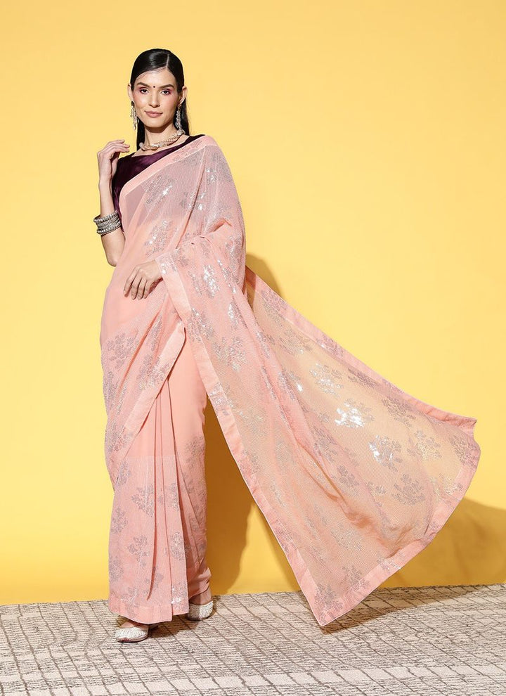 Lassya Fashion Peach orange Georgette Saree for Parties with Matching Blouse