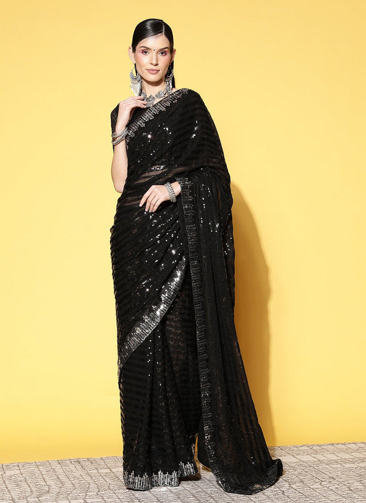 Lassya Fashion Black Georgette Party Saree with Complementing Blouse