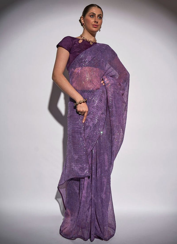 Lassya Fashion Purple Alluring Partywear Georgette Saree with Matching Blouse