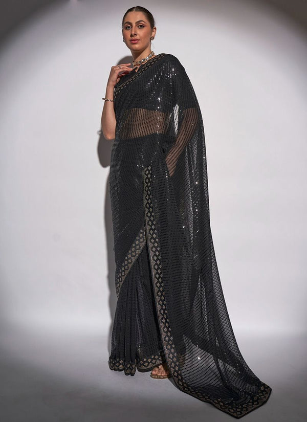 Lassya Fashion Dark Black Alluring Partywear Georgette Saree with Matching Blouse