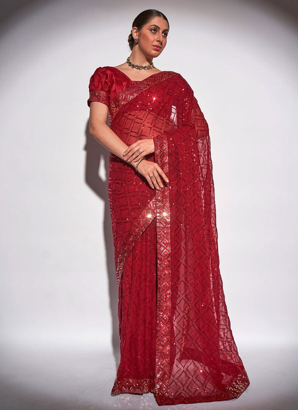 Lassya Fashion Cherry Red Georgette Party Saree with Matching Blouse