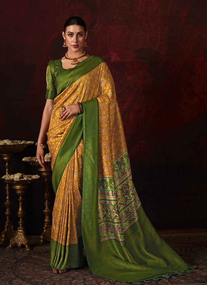 Lassya Fashion Mustard And Olive Green Soft Silk Saree with Stunning Digital Prints