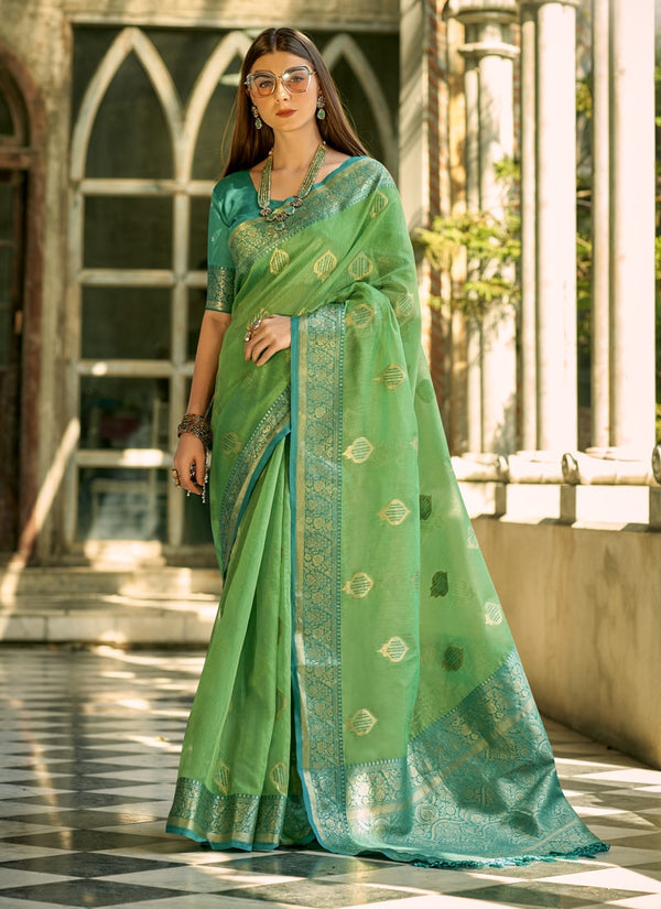 Lassya Fashion Pista Green Elegant Tissue Silk Saree with Woven Details