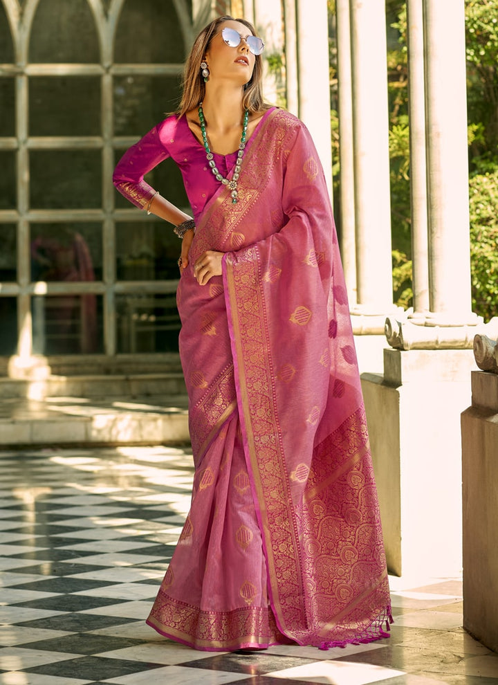 Lassya Fashion Dusty Pink Elegant Tissue Silk Saree with Woven Details
