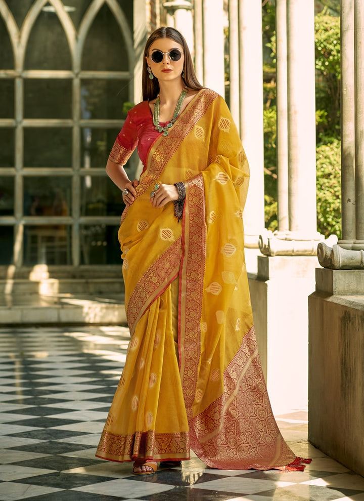 Lassya Fashion Yellow Elegant Tissue Silk Saree with Woven Details