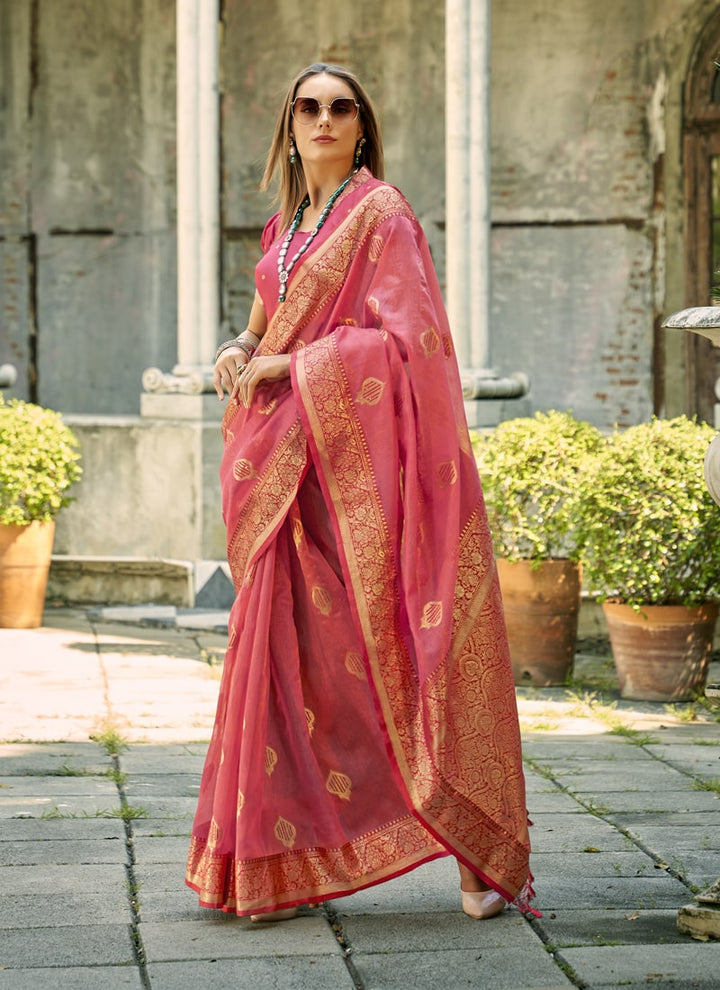 Lassya Fashion Baby Pink Elegant Tissue Silk Saree with Woven Details