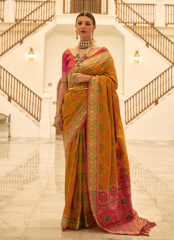 Lassya Fahion Mustard Banarasi Silk Patola Saree with Contrast Pallu