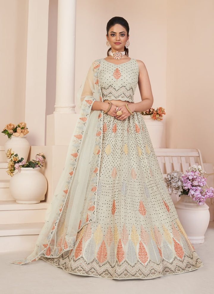 Lassya Fahion Dusty White Net Wedding Lehenga Set for Effortless Elegance