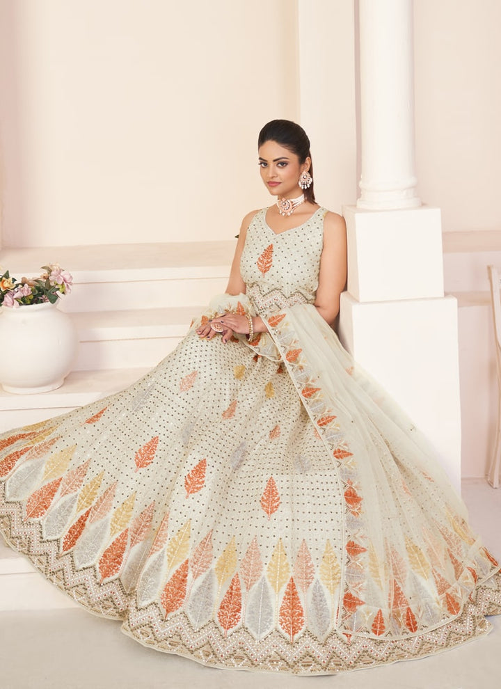 Lassya Fahion Dusty White Net Wedding Lehenga Set for Effortless Elegance