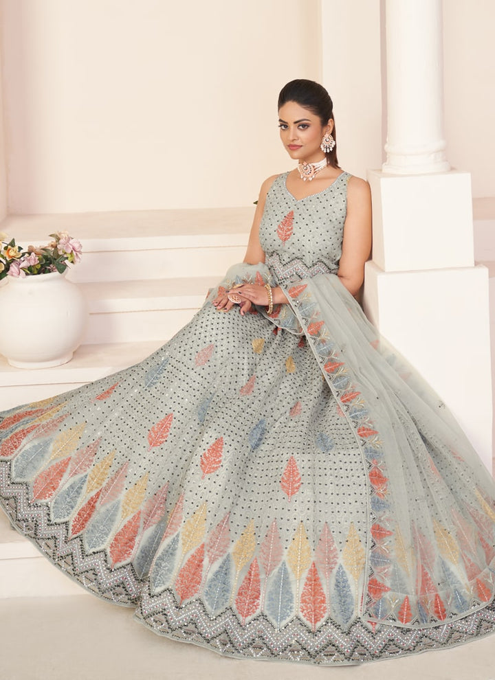 Lassya Fahion Light Grey Net Wedding Lehenga Set for Effortless Elegance