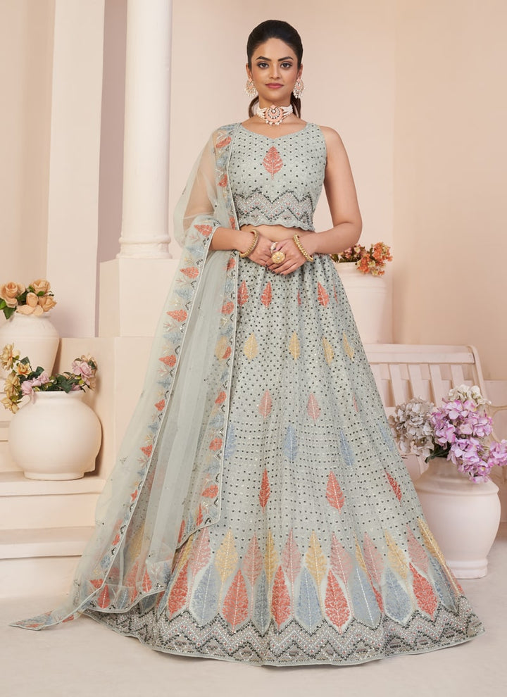 Lassya Fahion Light Grey Net Wedding Lehenga Set for Effortless Elegance