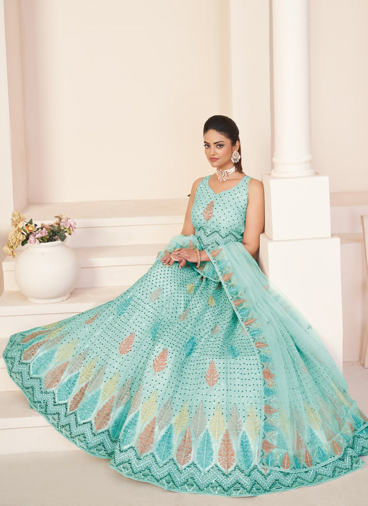 Lassya Fahion Sky Blue Net Wedding Lehenga Set for Effortless Elegance