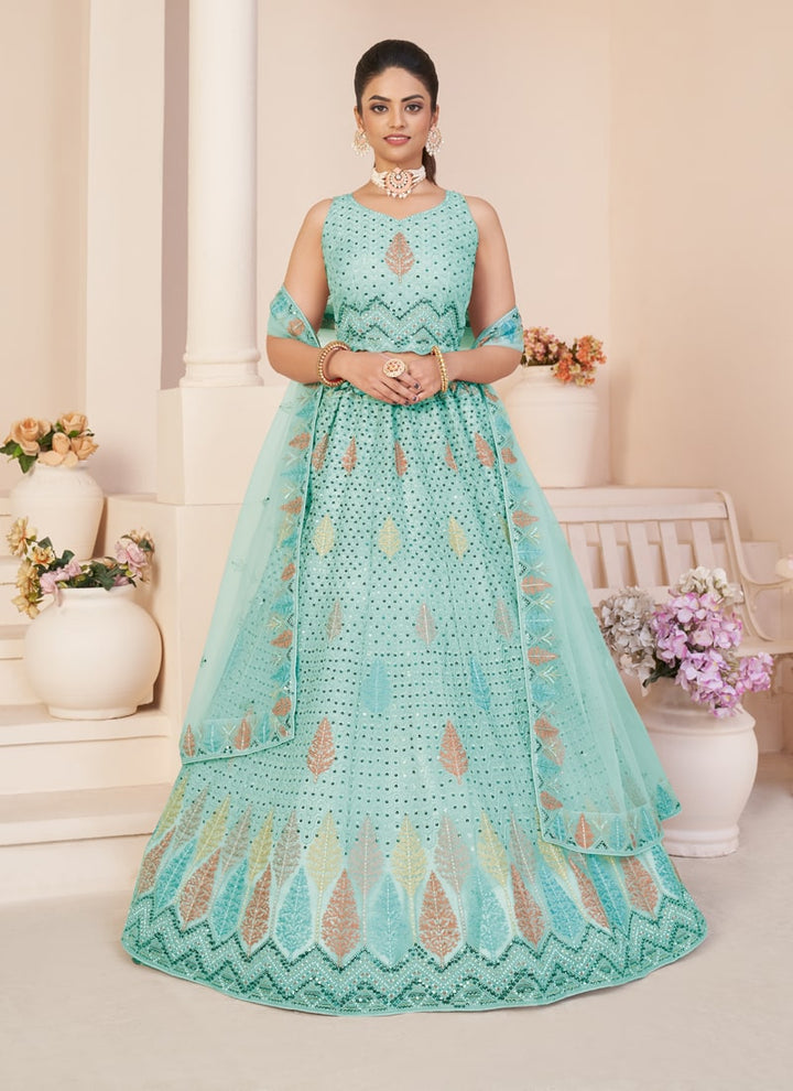 Lassya Fahion Sky Blue Net Wedding Lehenga Set for Effortless Elegance