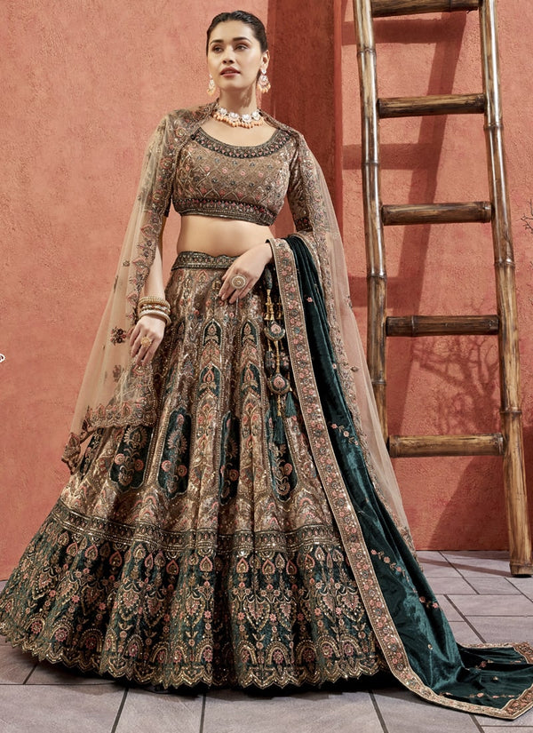 Lassya Fahion Chikoo Regal Velvet Bridal Lehenga with Exquisite Zari and Embroidery