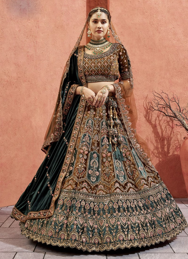 Lassya Fahion Mustard Regal Velvet Bridal Lehenga with Exquisite Zari and Embroidery