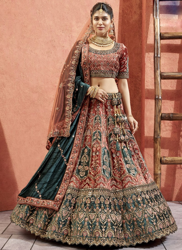 Lassya Fahion Rust Red Regal Velvet Bridal Lehenga with Exquisite Zari and Embroidery