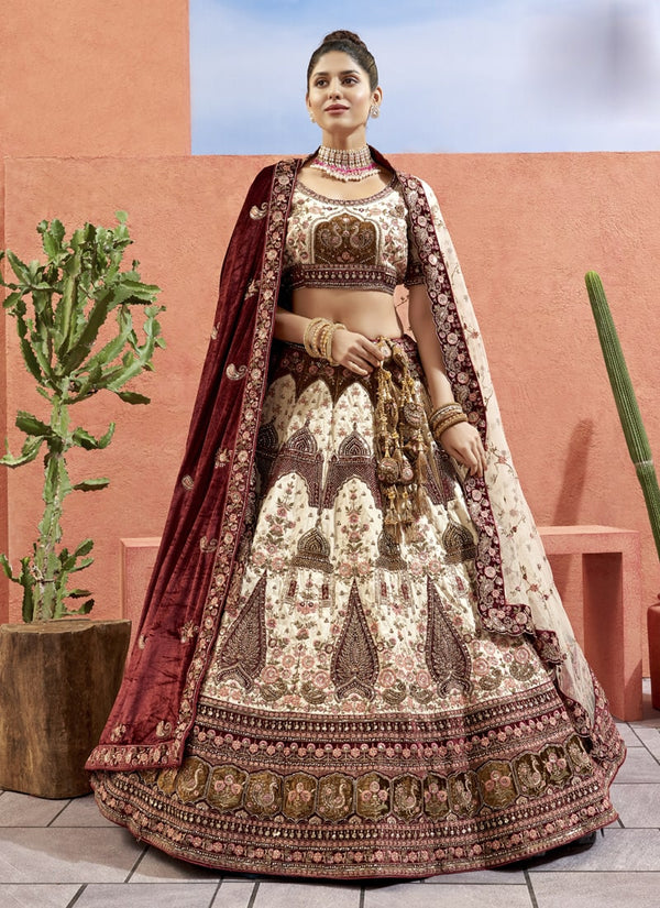 Lassya Fahion Chikoo Exquisite Silk Lehenga with Net and Velvet Dupatta