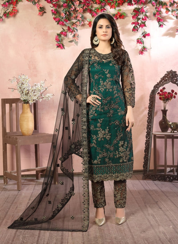 Lassya Fahion Dark Green Luxurious Layers Net And Santoon Plazzo Suit